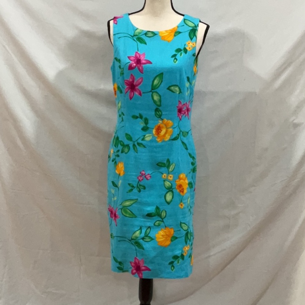 Tropical blue with tropical flowers sheath dress w round neck, size 8, Talbots.
